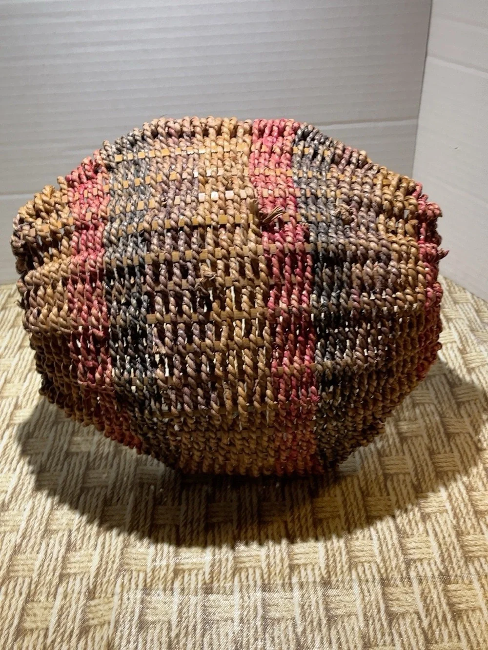 Handwoven Multicolor Willow Basket with Handle - Rustic Tan, Brown & Red